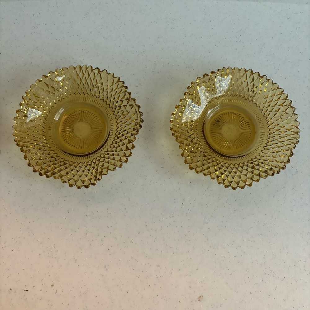 VTG Federal glass traditions amber round diamond point ruffled candy dish set 2